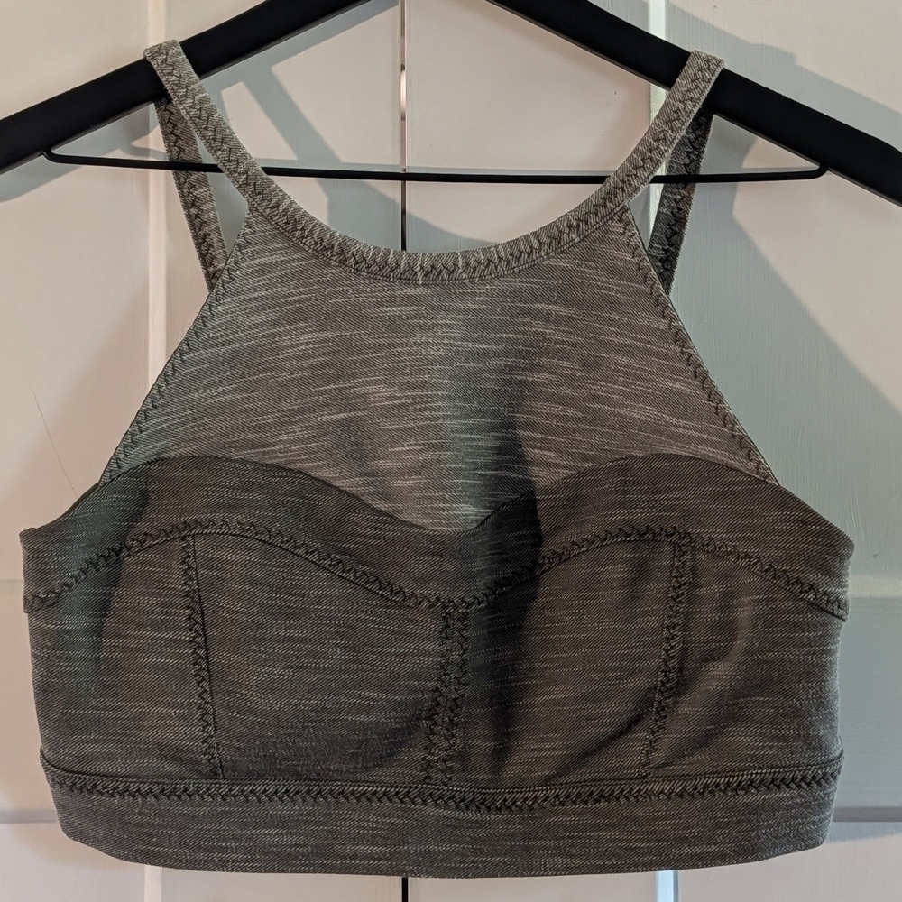 prAna Itzel High Neck Sports Bra Gray Strappy Back Padded Yoga Athletic Top med